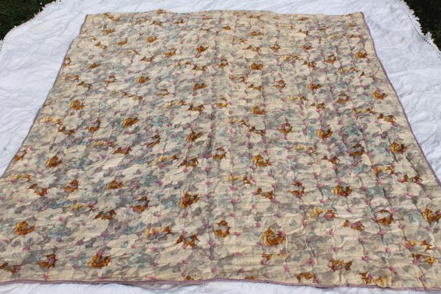 antique floral print cotton fabric comforters, eiderdown style vintage tied quilts