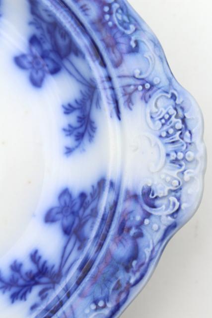 antique flow blue china, Claremont Johnson Bros embossed plate for round covered butter dish
