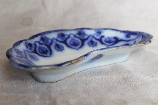 antique flow blue china bone dish, crescent shaped side plate 1890s vintage
