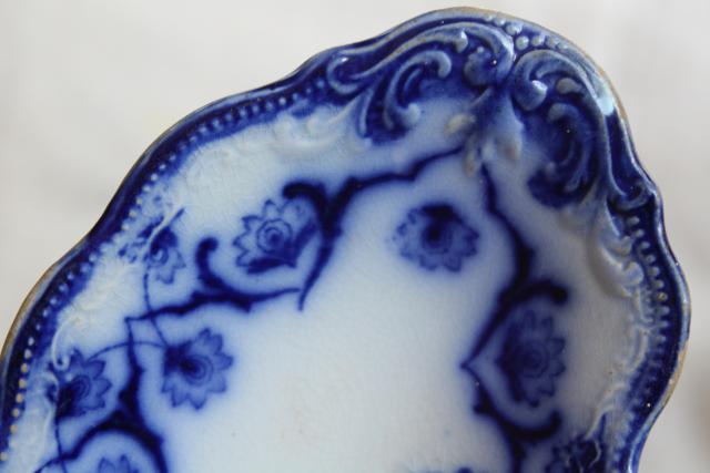 antique flow blue china bone dish, crescent shaped side plate 1890s vintage