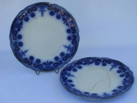 antique flow blue china plates, vintage Johnson Bros. Stanley pattern, dated 1899