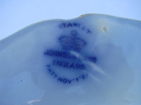 antique flow blue china plates, vintage Johnson Bros. Stanley pattern, dated 1899