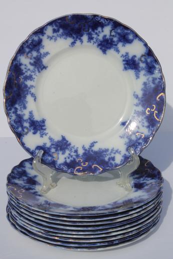 antique flow blue china plates set of 10, unmarked English Staffordshire 1880s?