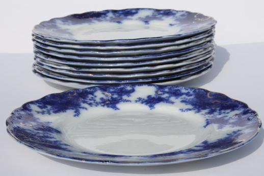 antique flow blue china plates set of 10, unmarked English Staffordshire 1880s?
