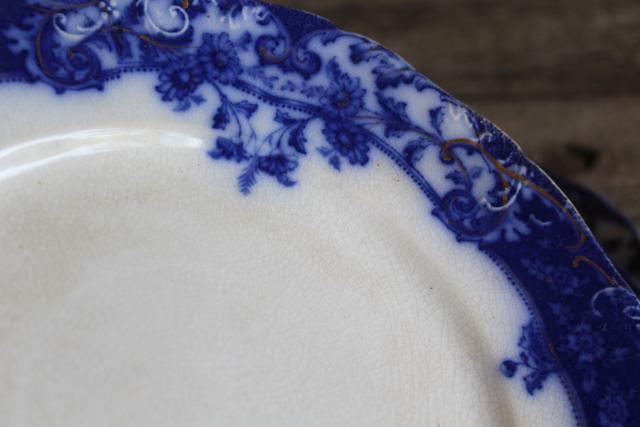 antique flow blue china salad or dessert plates, English transferware 1800s vintage
