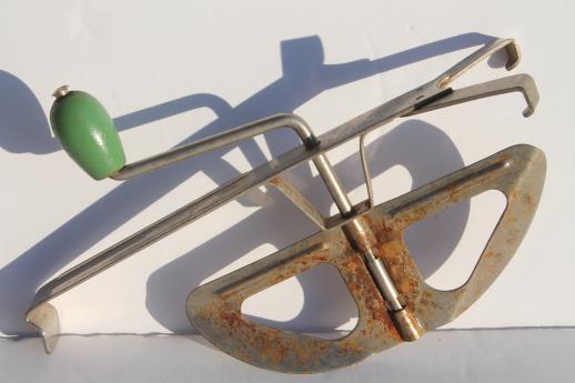antique food mill, green wood handle hand crank wire strainer sieve, vintage kitchen tool