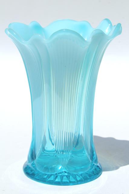 antique french blue opalescent glass vase, vintage Jefferson lined heart pattern glass