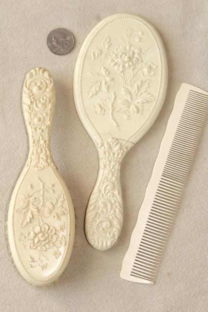 antique french ivory white gutta percha dressing table set, brush comb mirror in art nouveau case