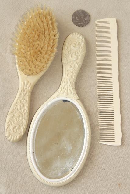 antique french ivory white gutta percha dressing table set, brush comb mirror in art nouveau case
