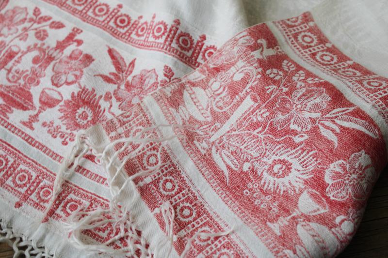 antique fringed linen damask towels w/ turkey red borders, show towel table runners