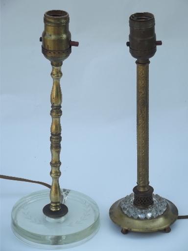 antique glass and gold candlestick boudoir lamps, 20s 30s art deco vintage