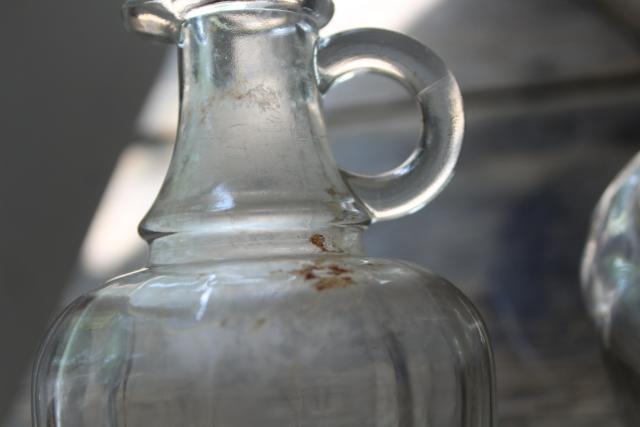antique glass bottles, early 1900s vintage syrup pitcher, clear glass jug