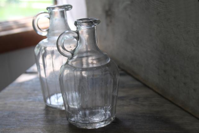 antique glass bottles, early 1900s vintage syrup pitcher, clear glass jug