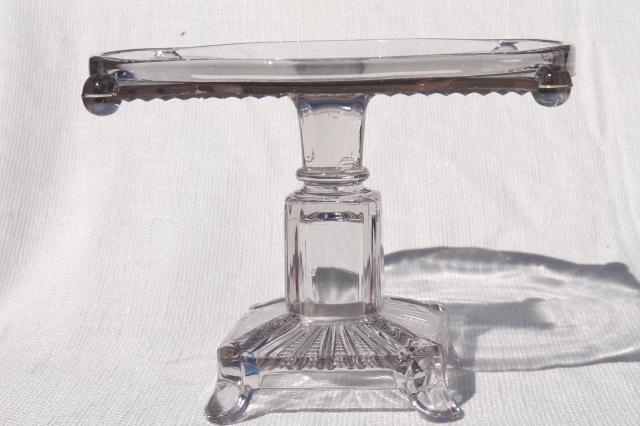 antique glass cake stand, circle in square EAPG vintage early 1900s pedestal plate