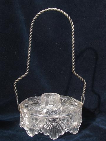 antique glass castor stand bottle holder w/ twisted wire carrier handle