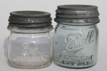 antique glass jelly jars, early 1900s vintage Ball Mason jam jars w/ old zinc lids