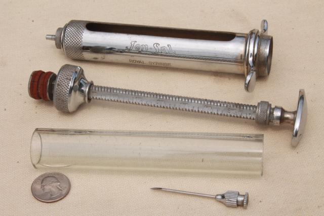 antique glass & metal syringe, vintage Jen-Sal Royal  veterinary medicine farm doctor