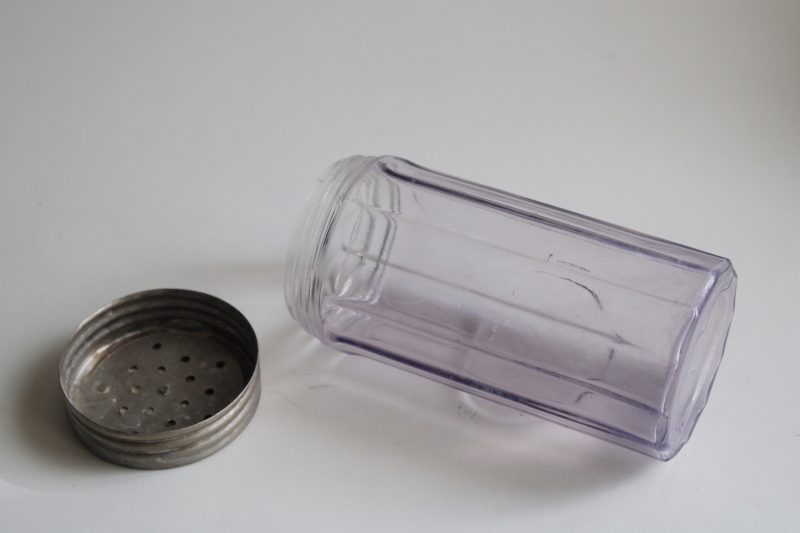antique glass spice jar w/ metal shaker lid, vintage hoosier canister sun purple glass