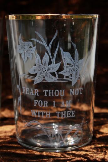 antique glass tumblers with Bible verses for grace, early 1900s vintage drinking glasses