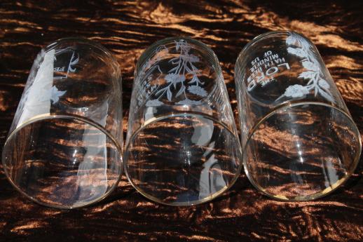 antique glass tumblers with Bible verses for grace, early 1900s vintage drinking glasses