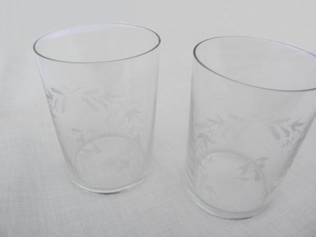 antique glass tumblers with letter R monogram, early 1900s vintage drinking glasses