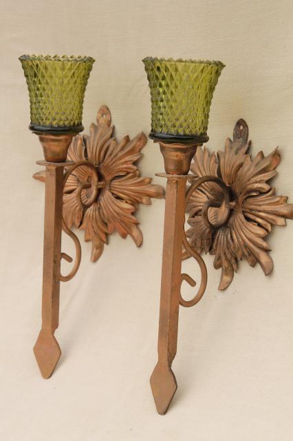 antique gold wrought iron rosettes wall sconce set, pair of vintage candle sconces 