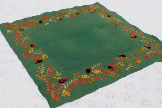 antique green baize wool tablecloth w/ silky chenille velvet embroidery, leaves & pinecones