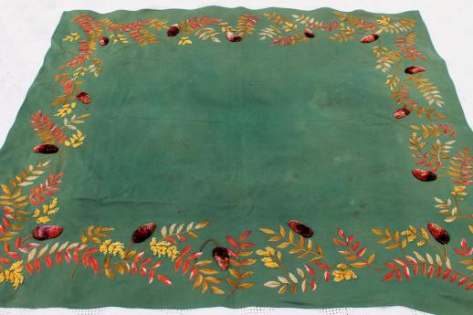 antique green baize wool tablecloth w/ silky chenille velvet embroidery, leaves & pinecones