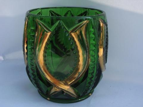 antique green glass w/ gold, vintage pressed pattern celery vase or spooner