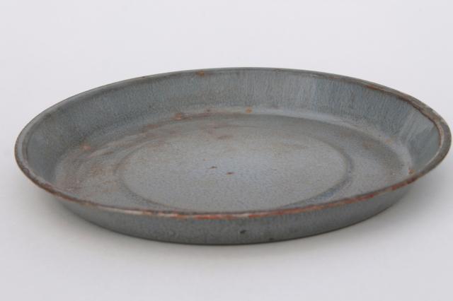 antique grey graniteware enamel pie pans or camp plates, vintage enamelwar