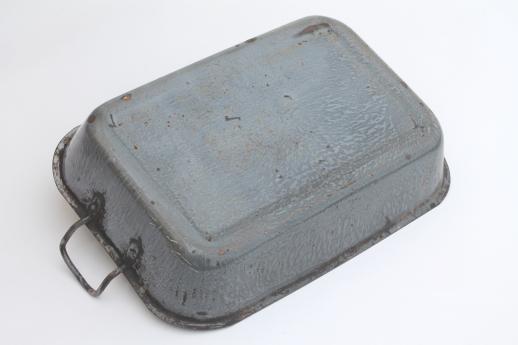 antique grey graniteware roasting pan, primitive enamel ware tray w/ handles