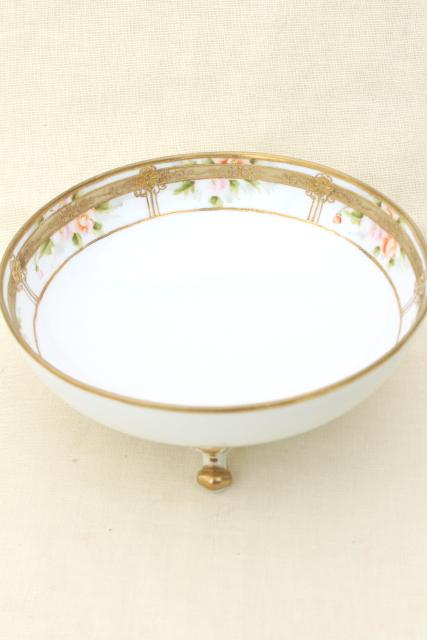 antique hand painted Nippon porcelain bowl w/ encrusted gold, footed dish for fruit or flowers
