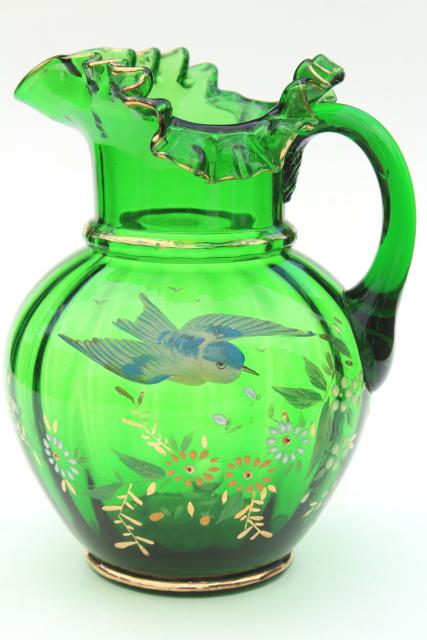 antique hand painted blown glass pitcher, emerald green glass w/ flying blue bird