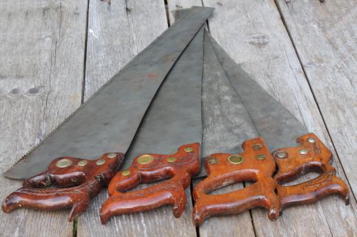 antique hand saw, lot of 4 cross-cut & rip saws, vintage woodworking tools