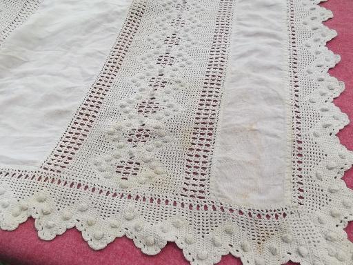 antique handmade bedspread crochet lace insertion, wide linen panels