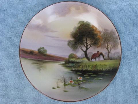 antique hand-painted Nippon china plate, vintage cottage on lake scene