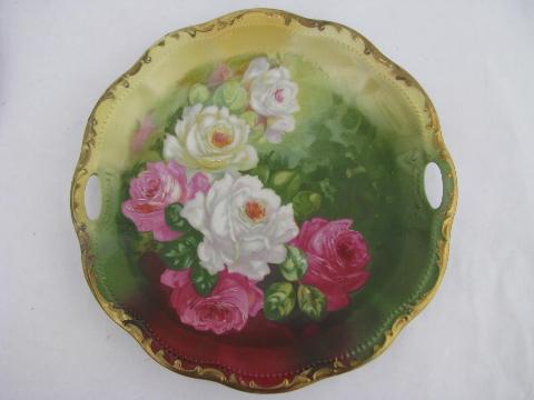 antique hand-painted china plate, pink cabbage roses on green vintage Germany porcelain