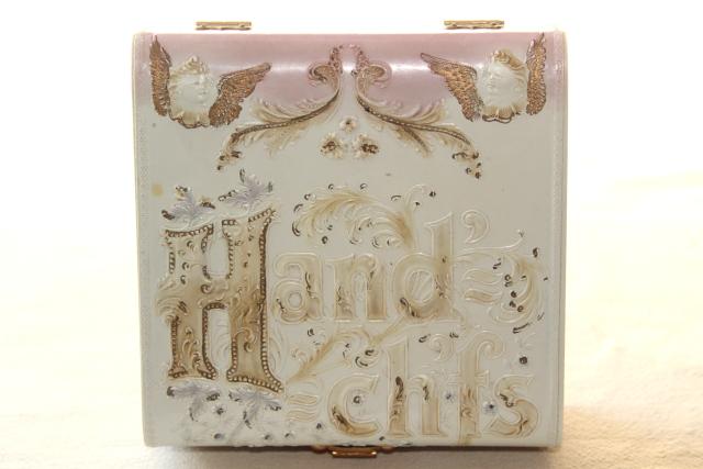 antique hanky box, Victorian vintage dresser box marked Handkerchiefs 