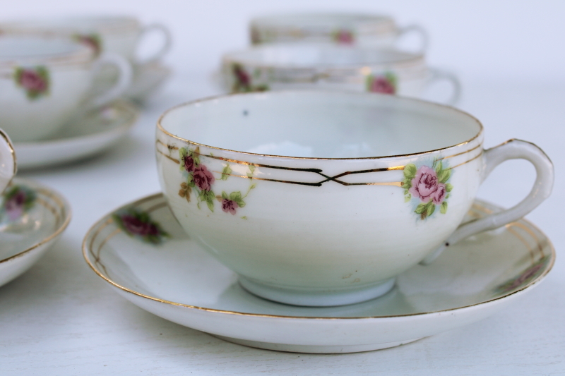 antique hard painted Nippon porcelain, tiny roses floral vintage china tea cups-saucers