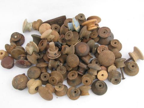 antique hardware lot, primitive old wood drawer pulls, large jar asst. wooden knobs