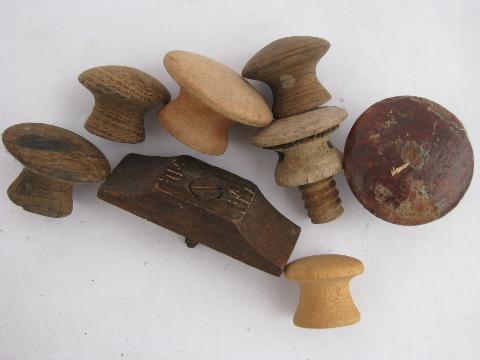 antique hardware lot, primitive old wood drawer pulls, large jar asst. wooden knobs