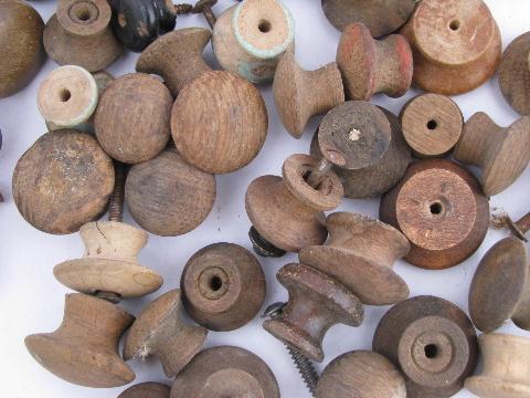 antique hardware lot, primitive old wood drawer pulls, large jar asst. wooden knobs