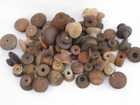 antique hardware lot, primitive old wood drawer pulls, large jar asst. wooden knobs