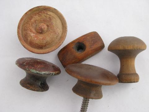 antique hardware lot, primitive old wood drawer pulls, large jar asst. wooden knobs