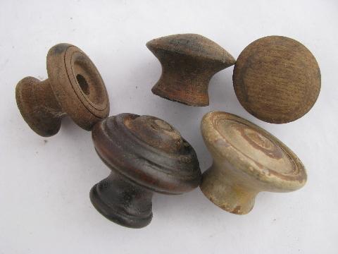 antique hardware lot, primitive old wood drawer pulls, large jar asst. wooden knobs