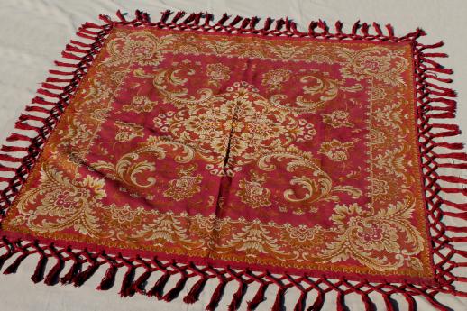 antique harvest table cover shawl, rich red & gold cotton brocade tablecloth w/ heavy tassels fringe