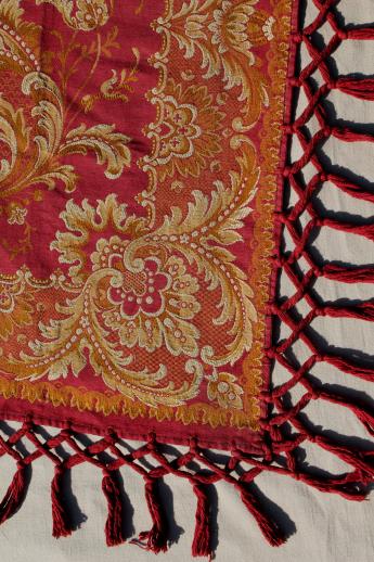 antique harvest table cover shawl, rich red & gold cotton brocade tablecloth w/ heavy tassels fringe