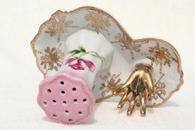 antique hatpin holder w/ hand to hold ring, early 1900s vintage hand painted Nippon china