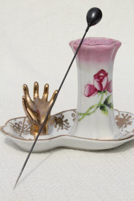 antique hatpin holder w/ hand to hold ring, early 1900s vintage hand painted Nippon china