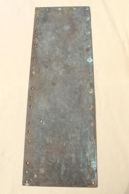 antique heavy solid brass door hardware, kick plate or push w/ old tarnished patina